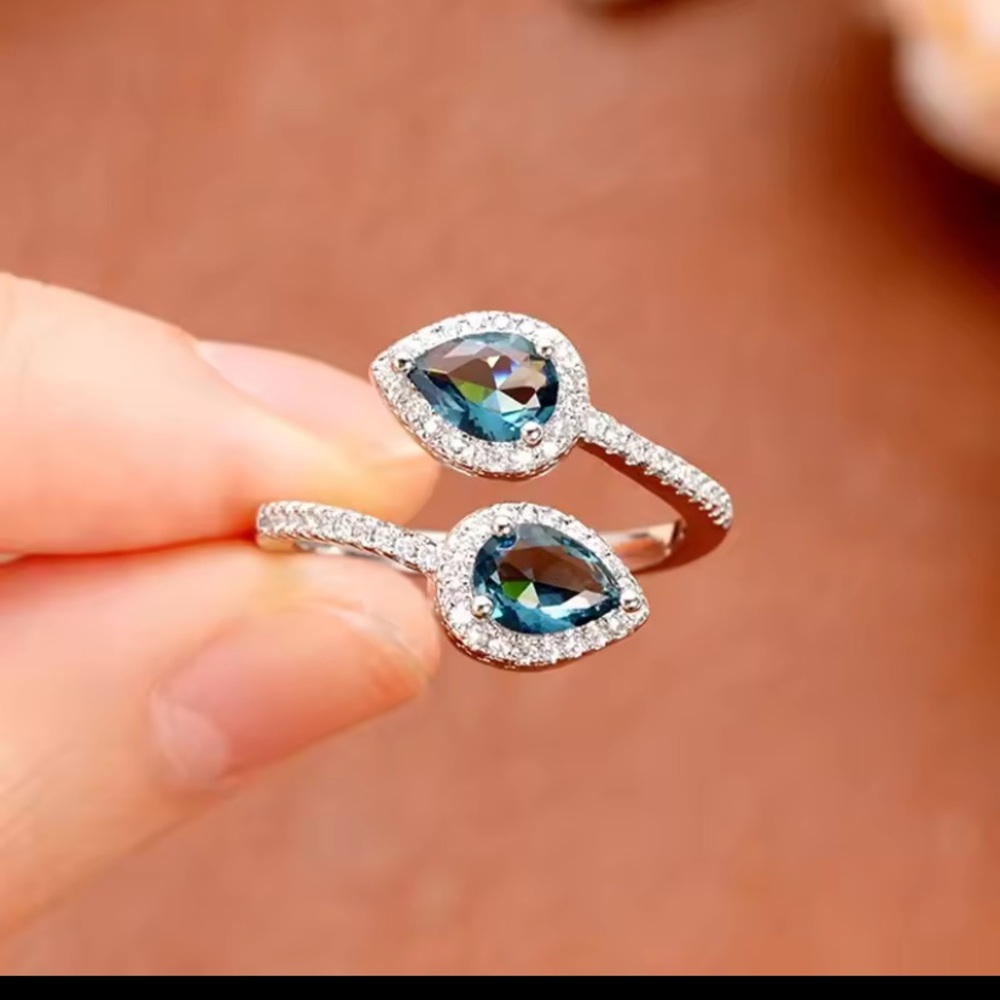 Teal Pear Halo Double-Teardrop Ring - Women's Silver Ring - Picture 7 of 9